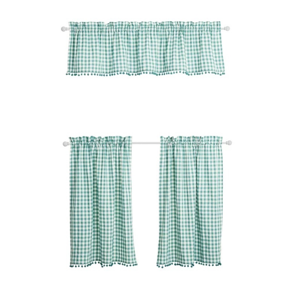 🌺 New Pioneer Woman Teal Blue Gingham 3 pc Kitchen Curtains And Valance Set - Picture 6 of 10